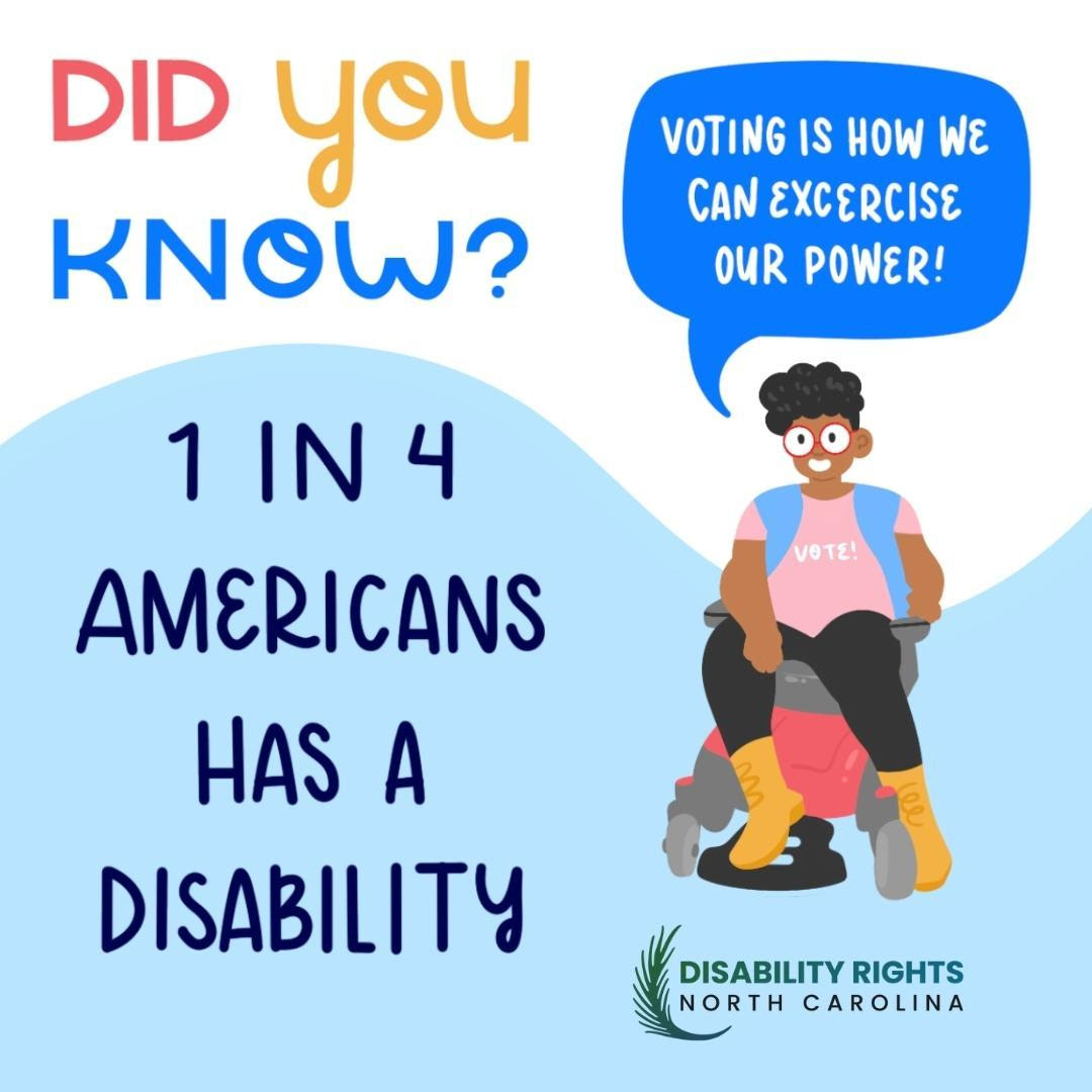 Animated person in a wheelchair, with text that reads: "Did you know 1 in 4 Americans has a disability? Voting is how we can exercise our power"
