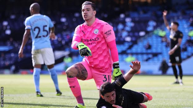 Manchester City keeper Ederson reacts during his side's Premier League game with West Ham