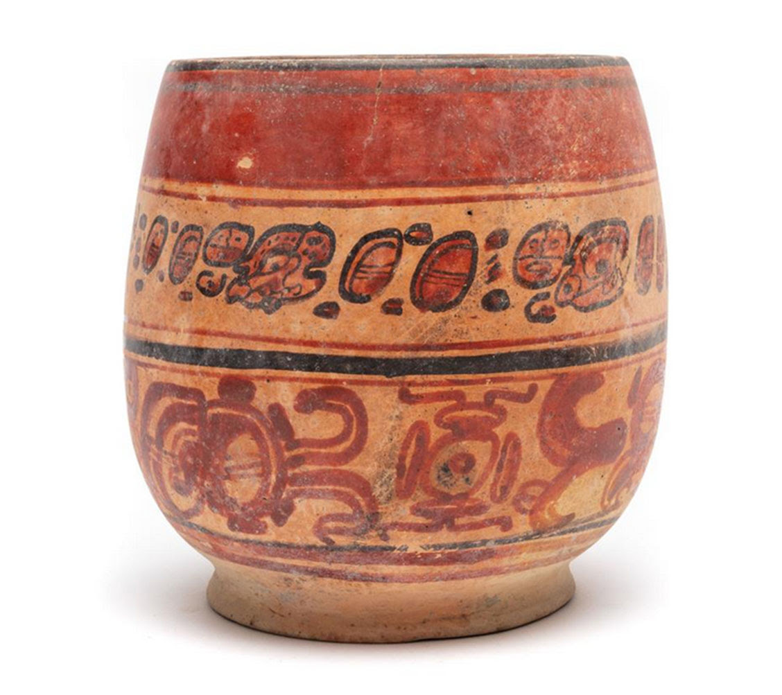Lot 13. Pre-Columbian Mayan pottery cylindrical Copador style polychrome bowl