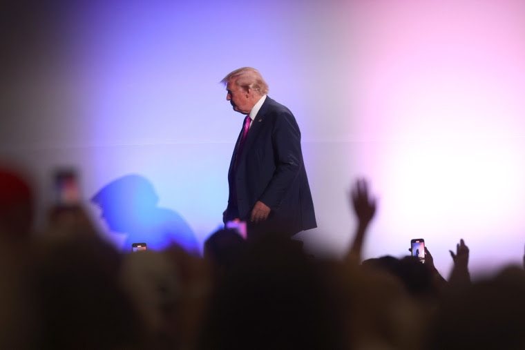 Donald Trump after speaking at the Oakland County Republican Party's Lincoln Day dinner in Novi, Mich., on June 25, 2023.