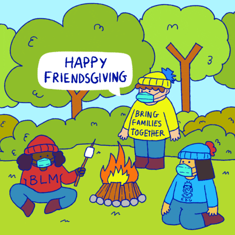 Image of people sitting around that says "happy friendsgiving"