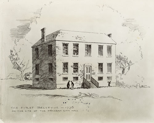 The first Bellevue, a 6-bed infirmary on the present site of City Hall. Department of Public Charities Collection, NYC Municipal Archives.