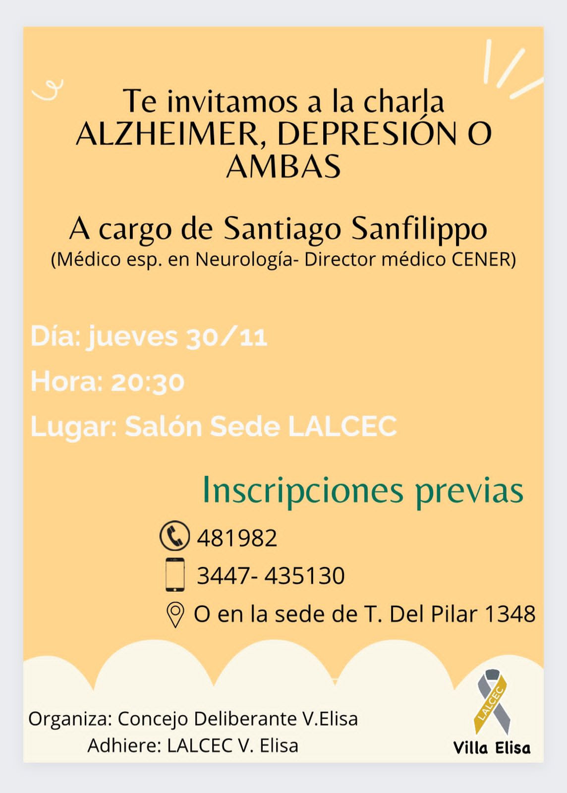 Se dictará la Charla “Alzheimer, depresión o ambas” en Villa Elisa