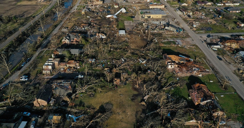 aerial of tornado destruction in Mississippi