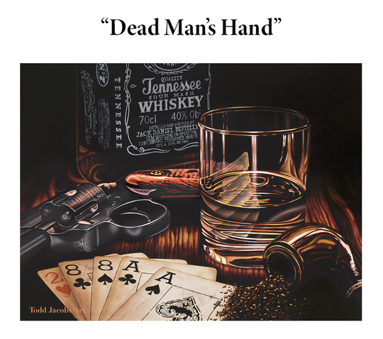 painting by todd jacobs of whiskey and a revolver from the wild west