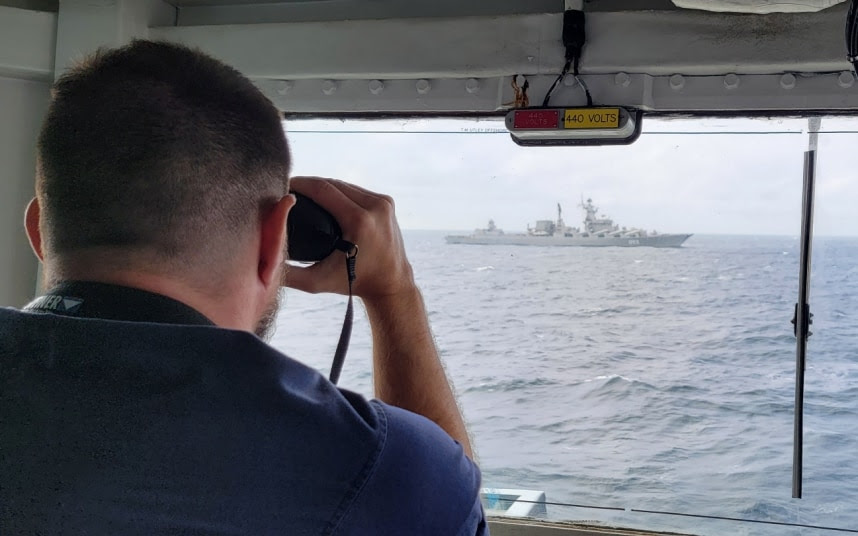 HMS Westminster shadows a Russian destroyer in Atlantic waters south of Ireland