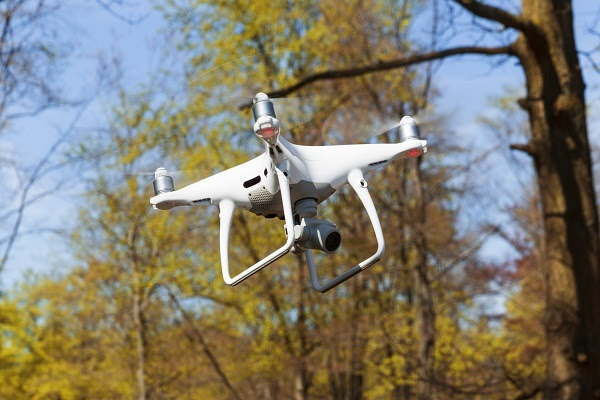 drone in flight with fall trees behind