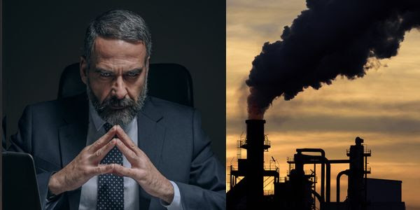 Corporate executive glowering at the camera, next to an image of fossil fuel pollution and smoke.