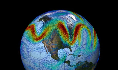 The jet stream that circles Earth's north pole travels west to east. But when the jet stream interacts with a Rossby wave, as shown here, the winds can wander far north and south, bringing frigid air to normally mild southern states.
