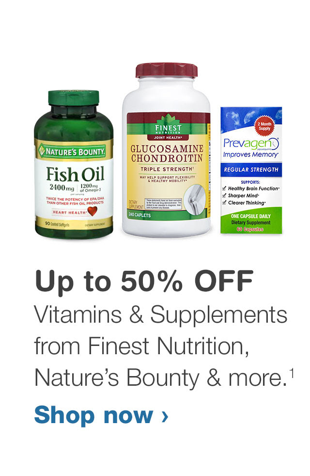 Up to 50% OFF Vitamins & Supplements from Finest Nutrition, Nature's Bounty & more.