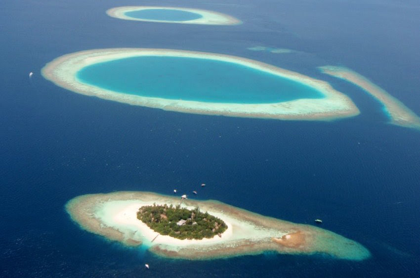 An aerial shot of the Maldives islands, which could be submerged due to climate. Liu Yongqiu / Xinhua Press