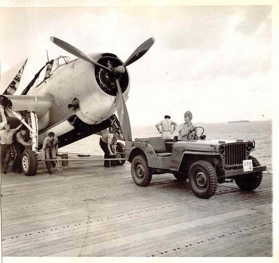 Jeep Towing on an aircraft carrier - WWII