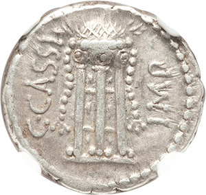 C. Cassius Longinus, Imperator and Assassin of Caesar (44-42 BC). AR denarius (18mm, 3.98 gm, 6h). NGC Choice VF★ 5/5 - 4/5