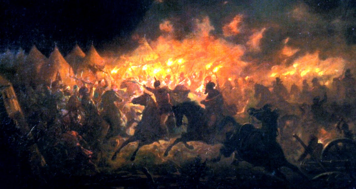 Dracula leading a charge against Islamic troops in the Battle with Torches in Romania, 1492 (by Theodor Aman).