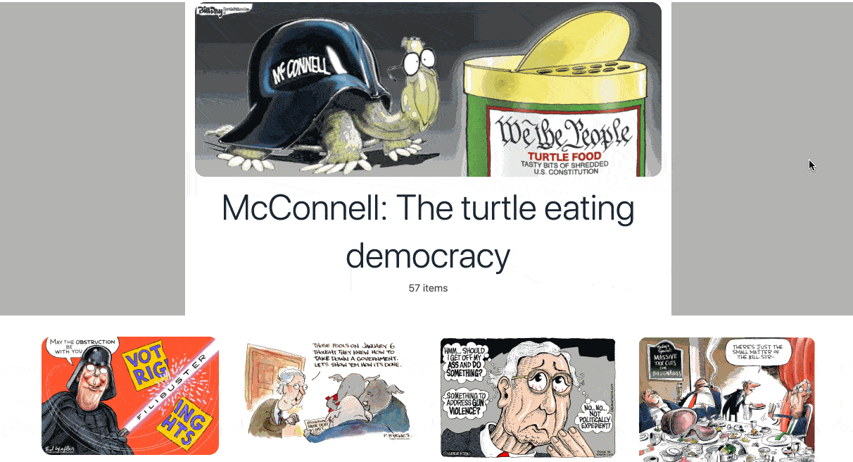 McConnell Democracy eating turtle destroying American democracy one bite at a time. Cartoons describe the damage.