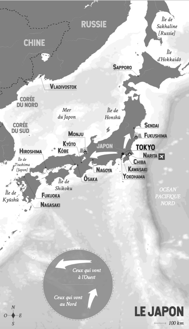 Carte des flux migratoires après l'accident de Fukushima: certain·e·s fuient vers l'ouest, d'autres viennent aider les victimes ou travailler (©Mathieu Delhorbe, in Radiations et révolution).