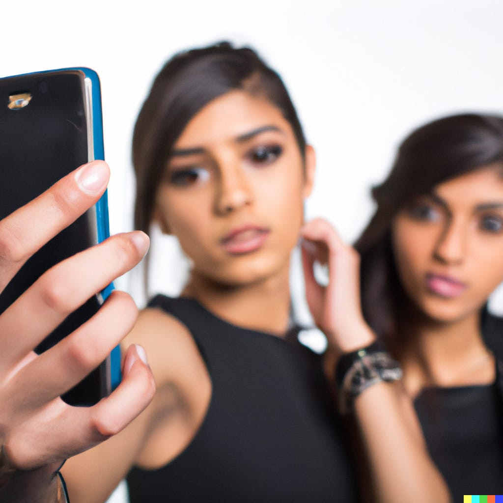 «Реалистичные фото моделей, делающих селфи со своими смартфонами» / DALL-E "“realistic photo of models taking selfies with their smartphones” / DALL-E