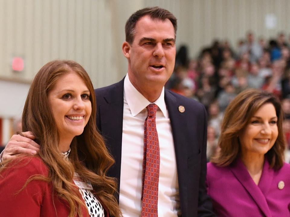 Milken winner Brooke Lee with Gov. Kevin Stitt and State Supt. Joy Hofmeister