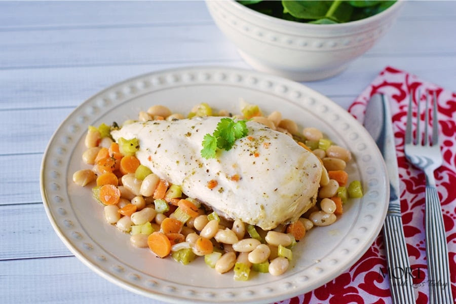 Individual serving plated of Slow Cooker Chicken with Rosemary and White Beans recipe 