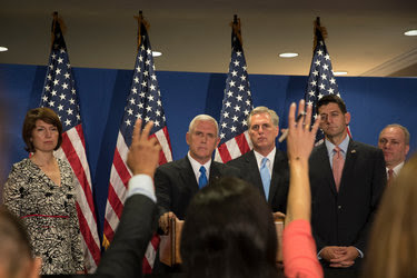 Gov. Mike Pence, second from left, at a news conference on Capitol Hill on Tuesday with House Republican leaders.