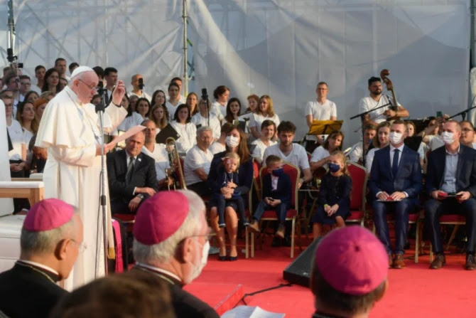 Pope Francis addresses young people at Lokomotiva Stadium in Košice, Slovakia, Sept. 14, 2021