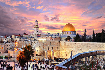 View of Temple Mount and Western Wall Plaza
                at sunset