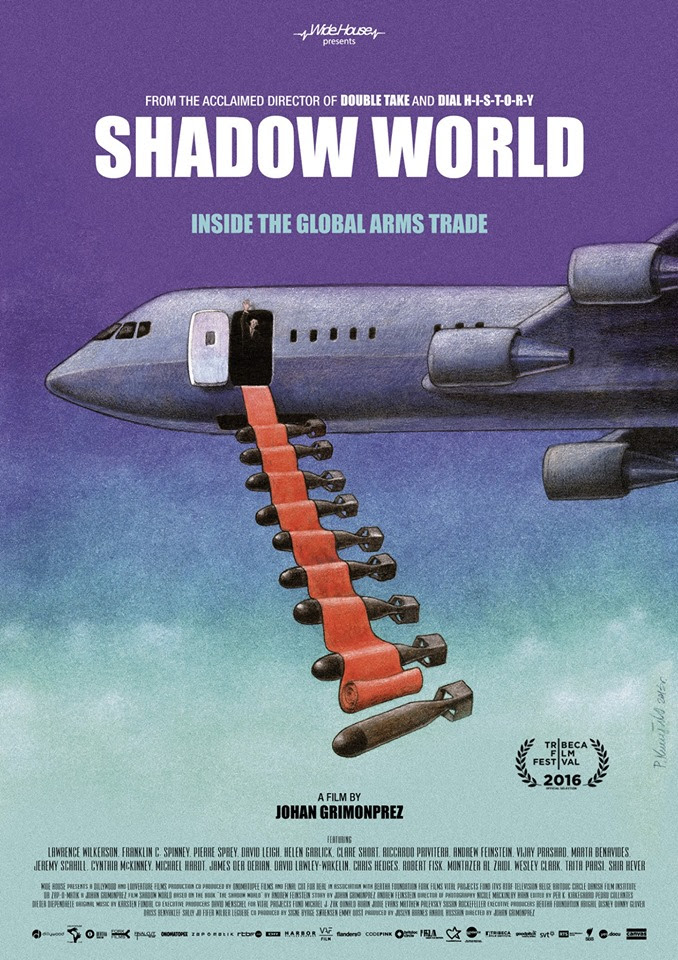 Shadow World poster, showing passenger plane rolling bombs down a red carpet.