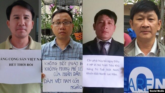 Các nhà hoạt động đang bị giam cầm, từ trái sang: Phạm Văn Trội, Nguyễn Bắc Truyển, Nguyễn Trung Tôn, và Trương Minh Đức (Ảnh: Facebook Le Nguyen Huong Tra)