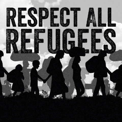 Image of walking immigrants with the words "respect all refugees" on top