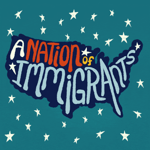 Image of the USA with stars behind it. The words "a nation of immigrants is written across"