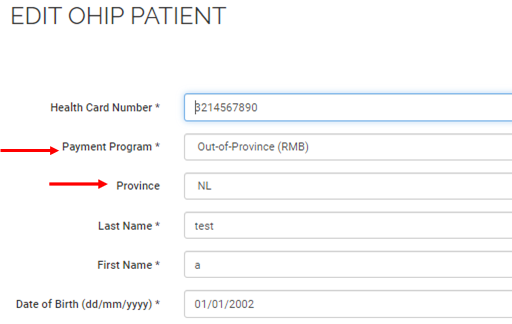 Enter patient's out of province health card number