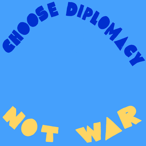 Dove flying out of two hands. Text above reads 'choose diplomacy, not war"