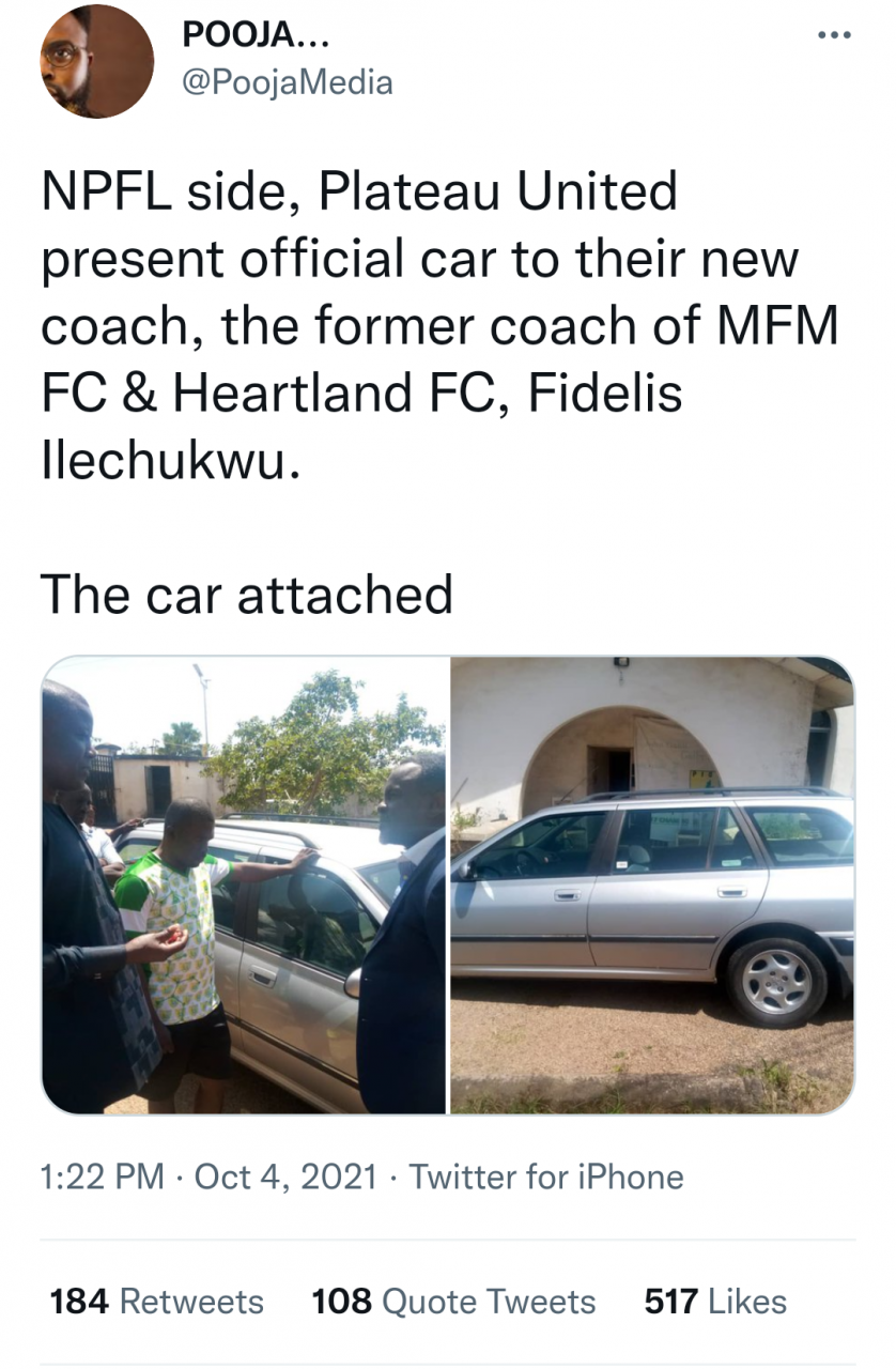 Interesting reactions after Nigerian football club Plateau United present official car to their new coach