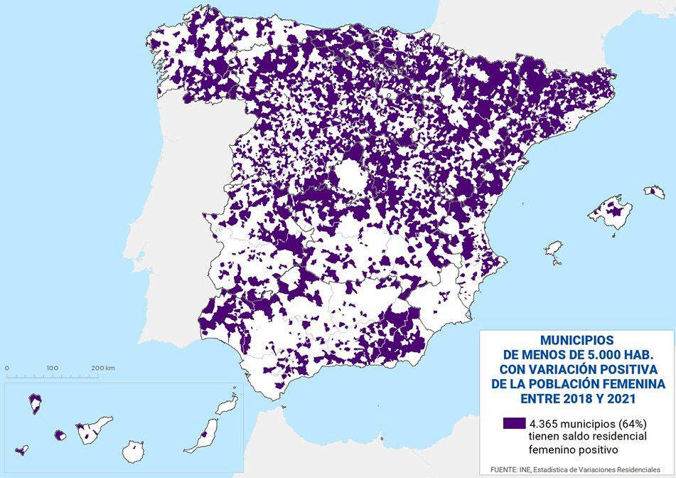 Municipios de menos de 5.000 habitantes con variación positiva de población femenina entre 2008 y 2021- Fuente: Instituto Nacional de Estadística (INE), Estadística de Variaciones Residenciales.