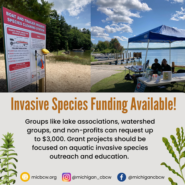An infographic announcing "Invasive Species Funding Available" below two lakefront photos.