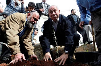 Benjamin Netanyahu plants a sapling in the Golan Heights with Effi Eitam, 2009