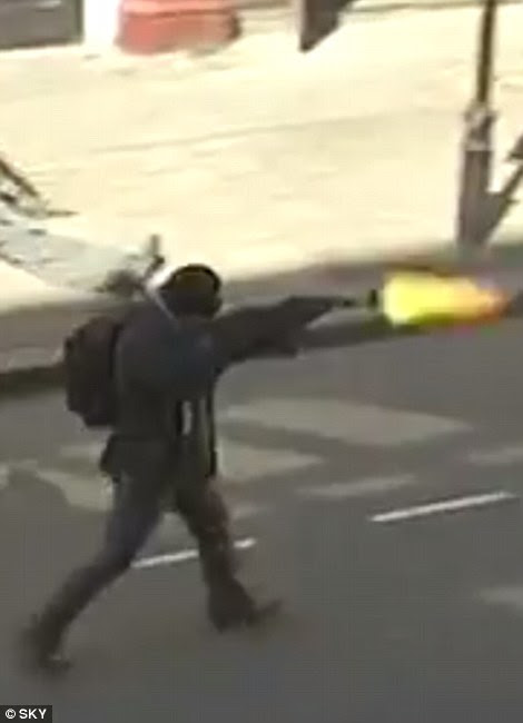 The exercise started with a group of terrorists running down the street shooting pedestrians with dummy AK-47 rifles