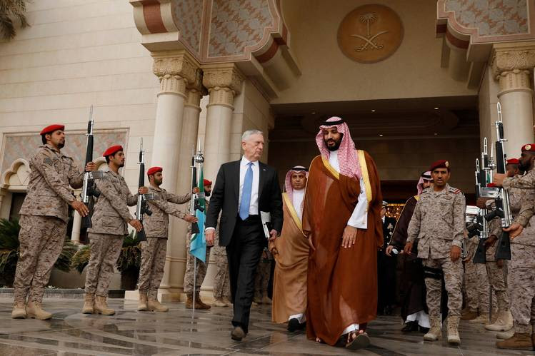 Defense Secretary Jim Mattis, left, departing a meeting with Saudi officials at the Ministry of Defense in Riyadh on Wednesday. 