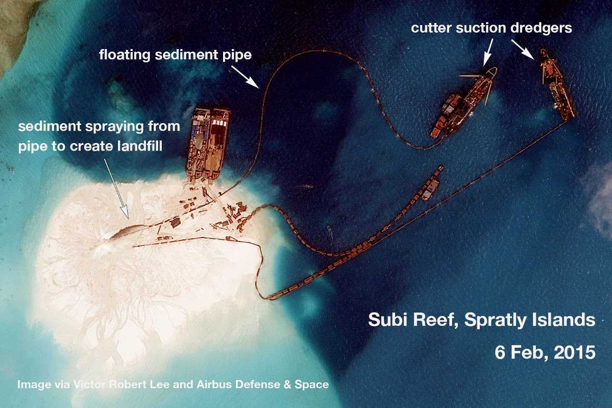 Satellite image analysis South China Sea reclamation in Spratly Islands