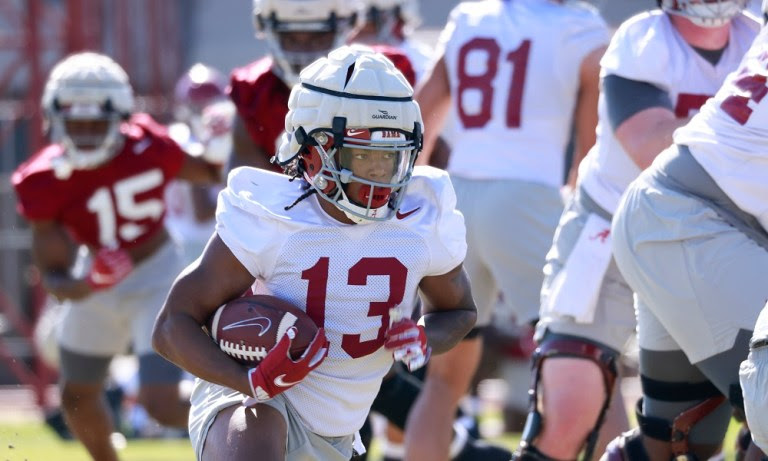 Alabama RB Jahmyr Gibbs (#13) with first-team offense in 2022 Spring Football Practice