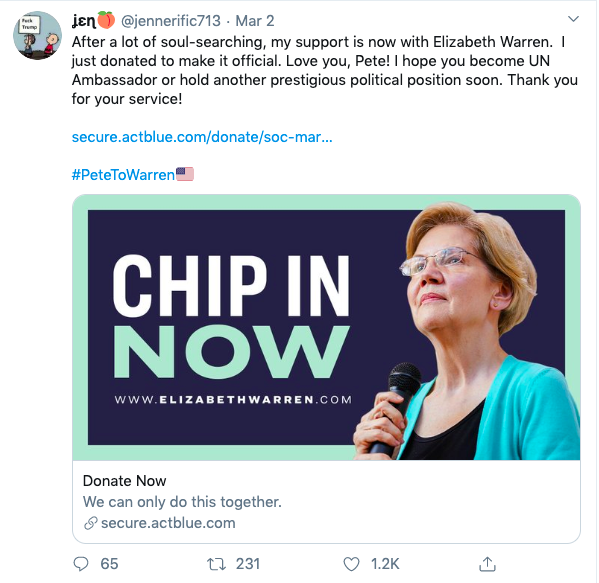 Turn on images to see a tweet from a voter who switched from Pete to Warren.