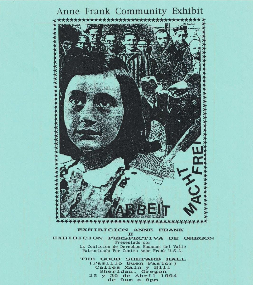 미국 OR 셰리던에서 열리는 안네 프랑크 전시회의 스페인어 포스터