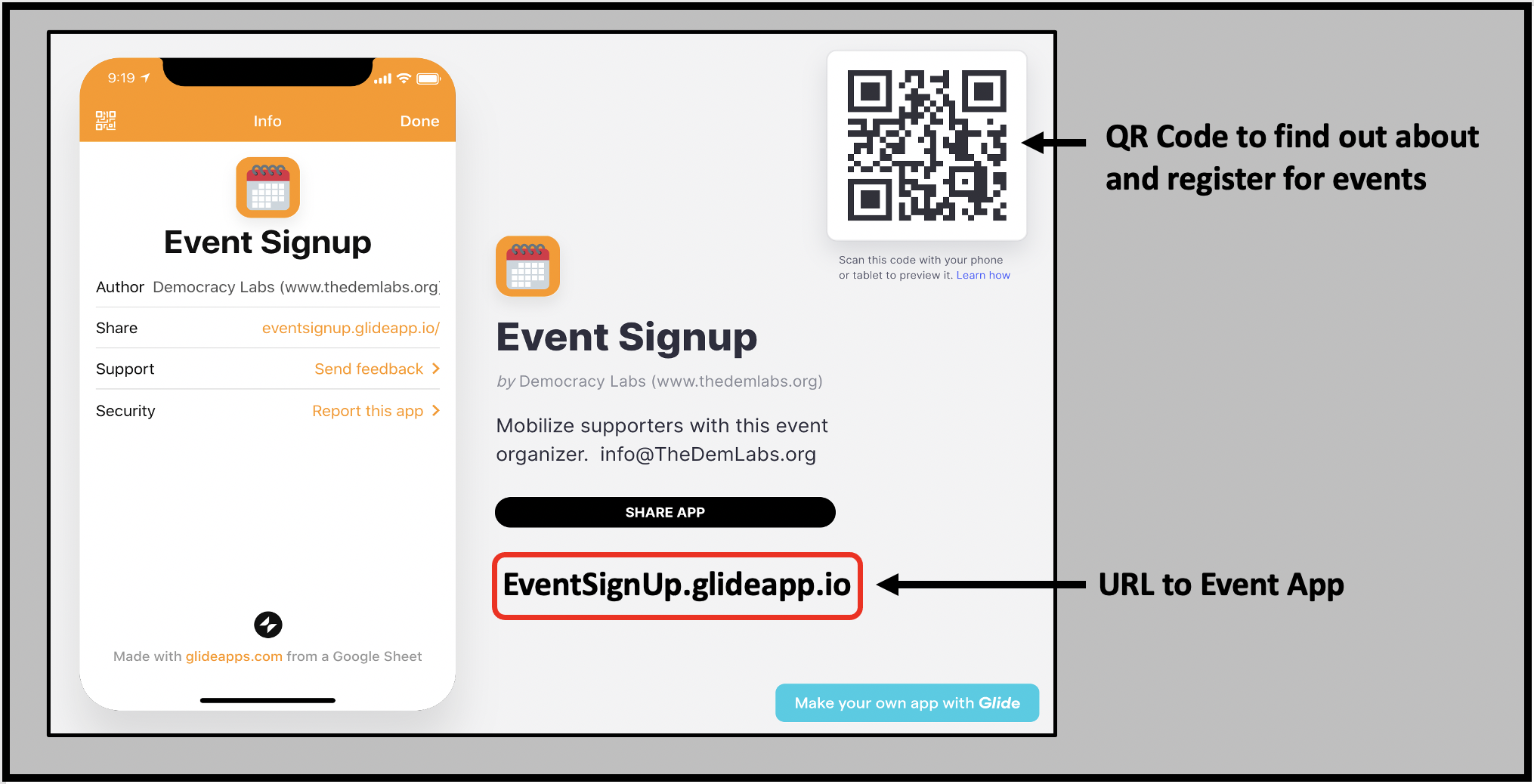 Use a link or QR code to share details about your event with the free Sign MeUp app.