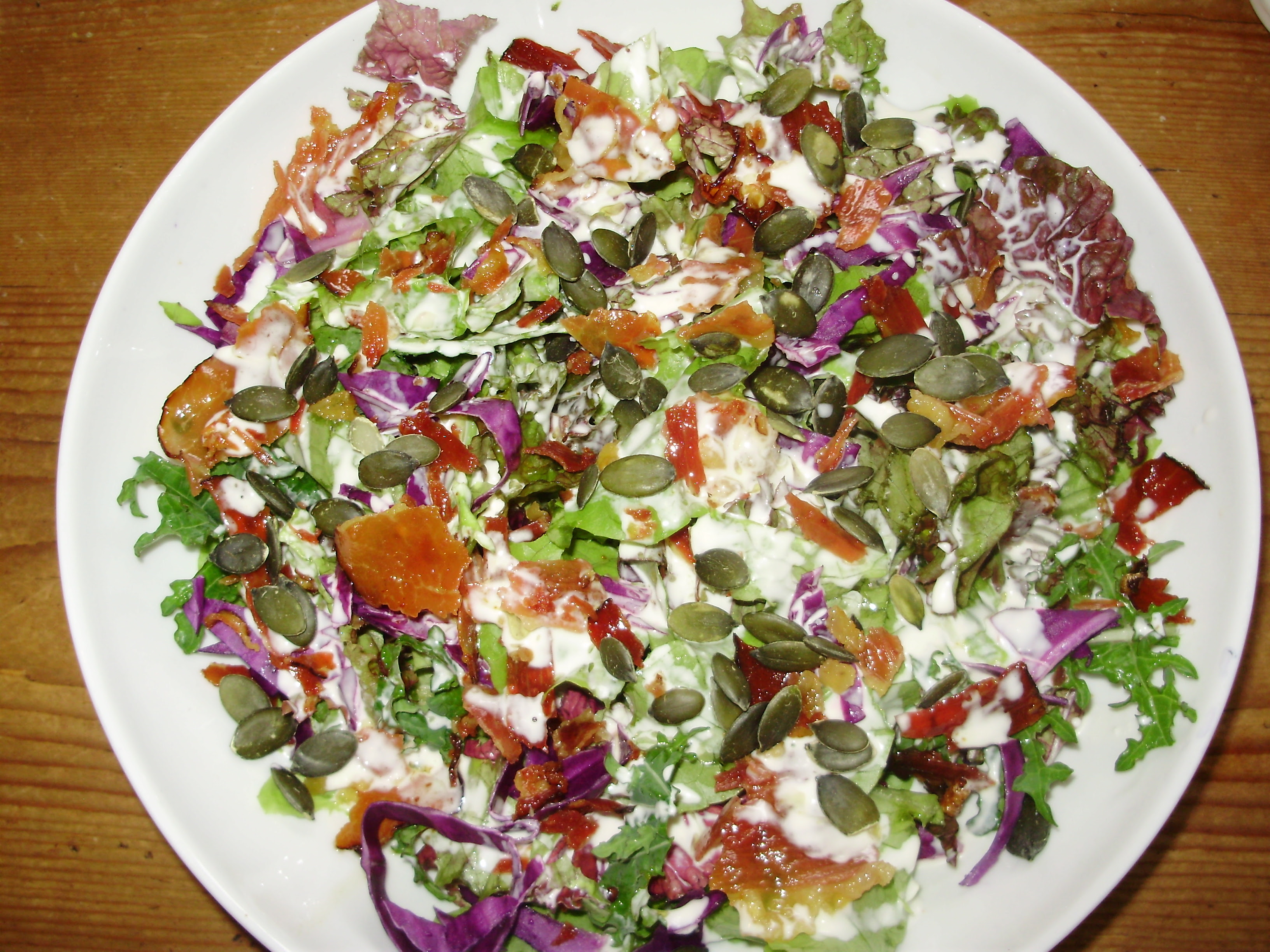 Mixed leaf salad, crisped black forest ham lardons, sunflower seeds & kefir dressing