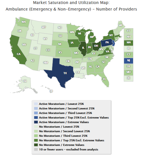 Map 1. Ambulance (Emergency & Non-Emergency):  National Distribution of Number of Providers October 1, 2014 – September 30, 2015