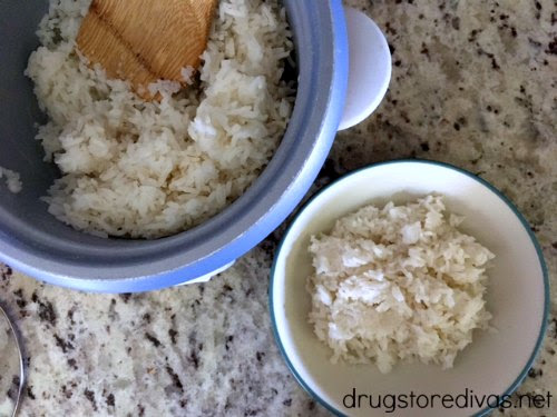 Rice in a bowl next to rice in a rice cooker.