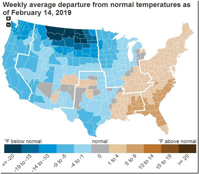 February 23 2019 temperature departure from normal for week ending February 14