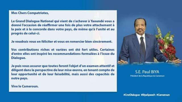 Dialogue national remerciements Biya