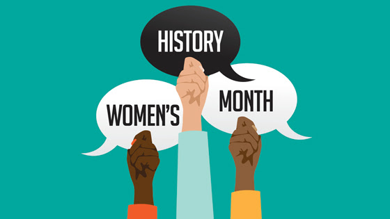 Graphic of hands holding thought bubbles of Women's History Month
