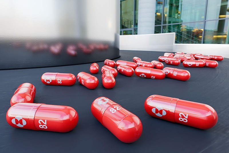 Merck and Ridgeback’s Molnupiravir pills, an oral COVID-19 antiviral medicine, on a table for display.